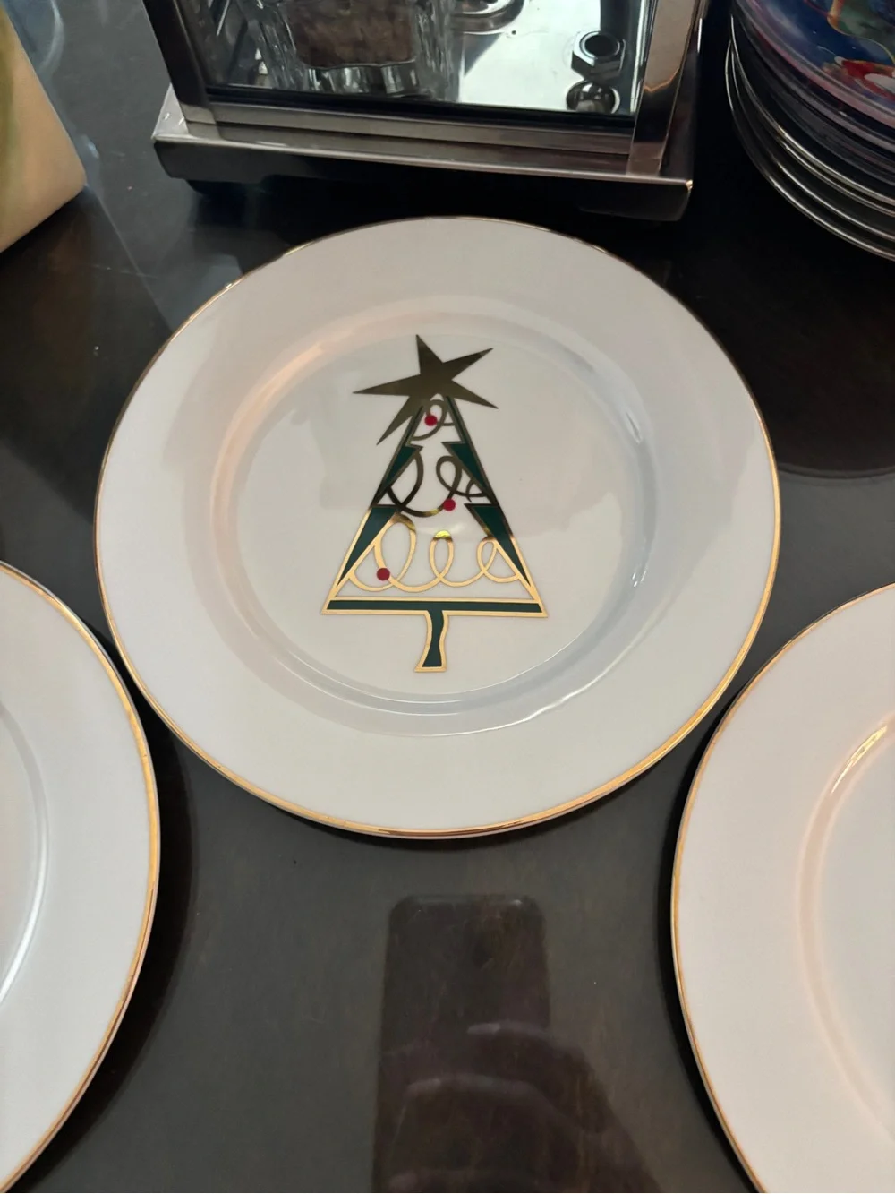 3 Pier 1 White & Gold Christmas Holiday Tree Appetizer/Salad/Dessert Plates